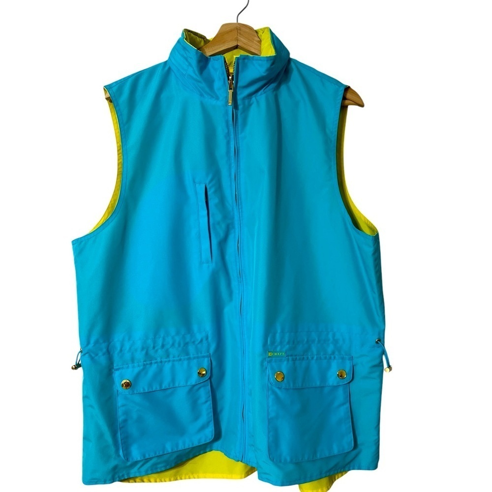 Chaps Womens Sz X-Large Reversible Hooded Neon Golf Rain Vest Nautical Sport